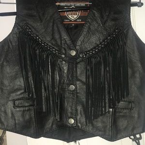 Ladies leather, fringed motorcycle vest.